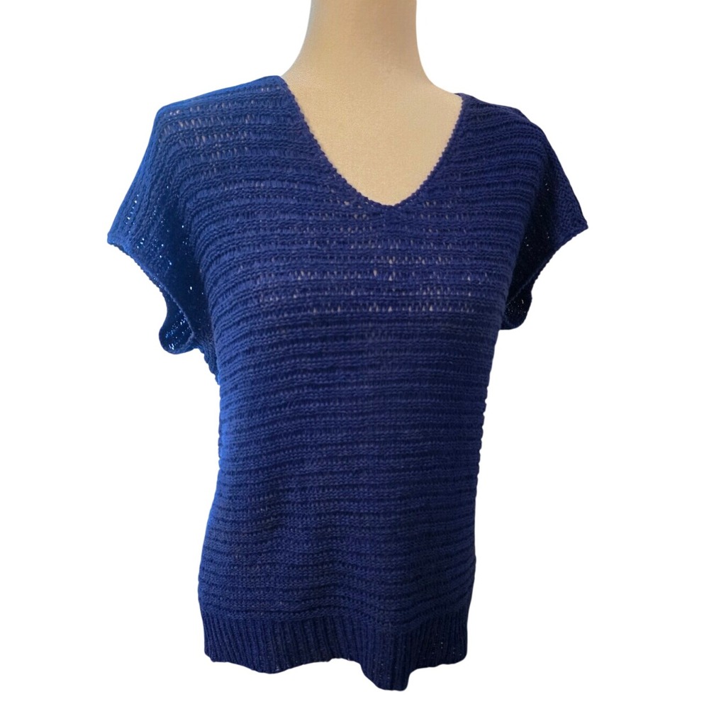 August Silk Cobalt Blue Open Knit Top Medium Short Sleeve Crochet